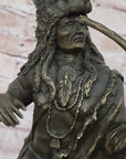 Bronze Mohican Indian Warrior Chief Art Marble Base Sculpture Native American