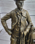 Signed Original Patoue French Artist Cowboy with Rope Bronze Statue Sculpture