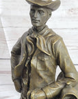 Signed Original Patoue French Artist Cowboy with Rope Bronze Statue Sculpture