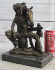 Cowboy & Horse Sitting Having a Drink Bronze Statue Sculpture Country Western