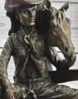 Cowboy & Horse Sitting Having a Drink Bronze Statue Sculpture Country Western