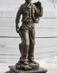 Country Western Cowboy in Chaps Carrying Horse Saddle Bronze Statue Sculpture Figure 12" x 4"