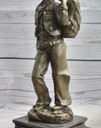 Country Western Cowboy in Chaps Carrying Horse Saddle Bronze Statue Sculpture Figure 12" x 4"