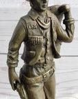 Country Western Cowboy in Chaps Carrying Horse Saddle Bronze Statue Sculpture Figure 12" x 4"