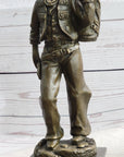 Country Western Cowboy in Chaps Carrying Horse Saddle Bronze Statue Sculpture Figure 12" x 4"
