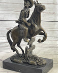 Cowboy on Horseback Hopping a Fence Bronze Sculpture Statue Western Decor