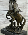 Cowboy on Horseback Hopping a Fence Bronze Sculpture Statue Western Decor