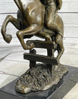 Cowboy on Horseback Hopping a Fence Bronze Sculpture Statue Western Decor