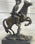 Cowboy on Horseback Hopping a Fence Bronze Sculpture Statue Western Decor