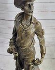 Cowboy Holding Horse Saddle Bronze Statue Sculpture Figure Western 13" x 6"