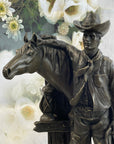 Cowboy Saddling Horse Stables Barn Bronze Statue Sculpture Figure 16" x 8"