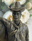 Cowboy Saddling Horse Stables Barn Bronze Statue Sculpture Figure 16" x 8"