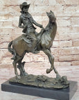 Bronze Western Sculpture Cowboy on Horseback Statue Figure 14" x 11"
