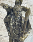 Native American Warrior and Eagle Sculpture Signed Original M. Lopez Bronze