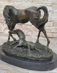 Horses Mare W/Foal Horse Bronze Sculpture Wild Farm Animal Marble Base