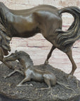 Horses Mare W/Foal Horse Bronze Sculpture Wild Farm Animal Marble Base