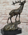 Chalet Lodge Art Elk Stag Buck Deer Hunter Bronze Marble Base Sculpture Statue