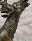 Chalet Lodge Art Elk Stag Buck Deer Hunter Bronze Marble Base Sculpture Statue