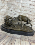 Jules Mene Stags Reindeer Deer Elk Confrontation Bronze Sculpture Marble Base