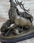 Elk Reindeer Attacked by Hunting Dogs Bronze Statue Sculpture Figure Barye 14" x 16"