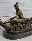 Semi Nude Topless Native American Girl in Canoe Boat Bronze Statue Sculpture Art