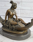 Semi Nude Topless Native American Girl in Canoe Boat Bronze Statue Sculpture Art