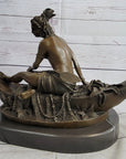 Semi Nude Topless Native American Girl in Canoe Boat Bronze Statue Sculpture Art