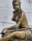 Semi Nude Topless Native American Girl in Canoe Boat Bronze Statue Sculpture Art