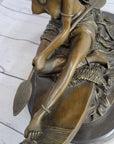 Semi Nude Topless Native American Girl in Canoe Boat Bronze Statue Sculpture Art