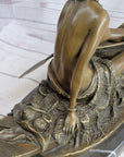 Semi Nude Topless Native American Girl in Canoe Boat Bronze Statue Sculpture Art