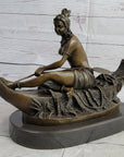 Semi Nude Topless Native American Girl in Canoe Boat Bronze Statue Sculpture Art