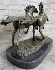 Galloping Pair of Horses Bronze Statue Sculpture Decor Signed Zhang 10" x 17"