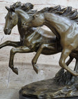 Galloping Pair of Horses Bronze Statue Sculpture Decor Signed Zhang 10" x 17"