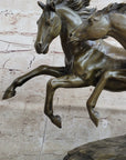 Galloping Pair of Horses Bronze Statue Sculpture Decor Signed Zhang 10" x 17"