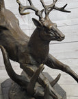 Leaping Stag Reindeer Deer Elk Bronze Caribou Bronze Sculpture Statue Signed Art