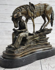 Cowboy Reading a Book with Horse Bronze Metal Western Sculpture Statue Remington Decor 11" x 13"