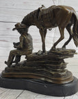 Cowboy Reading a Book with Horse Bronze Metal Western Sculpture Statue Remington Decor 11" x 13"