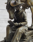 Cowboy Reading a Book with Horse Bronze Metal Western Sculpture Statue Remington Decor 11" x 13"