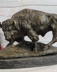 American Buffalo Bison Bull Bronze Sculpture by Barye on Marble Base Figure Art
