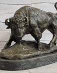 American Buffalo Bison Bull Bronze Sculpture by Barye on Marble Base Figure Art