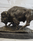 American Buffalo Bison Bull Bronze Sculpture by Barye on Marble Base Figure Art