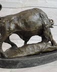 American Buffalo Bison Bull Bronze Sculpture by Barye on Marble Base Figure Art