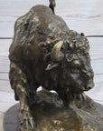American Buffalo Bison Bull Bronze Sculpture by Barye on Marble Base Figure Art