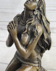Semi Nude Native American Female Praying Bronze Statue Sculpture Figure Signed