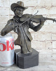 Cowboy Playing Violin Fiddle Music Bronze Sculpture Marble Statue Figurine