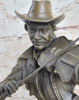 Cowboy Playing Violin Fiddle Music Bronze Sculpture Marble Statue Figurine