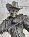 Cowboy Playing Violin Fiddle Music Bronze Sculpture Marble Statue Figurine