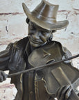 Cowboy Playing Violin Fiddle Music Bronze Sculpture Marble Statue Figurine