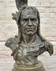 Hot Cast Bronze Bust Sculpture Statue of Native American Indian Man w/ Braided Hair
