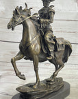 Miniature Bronze Cowboy on Horseback Statue Sculpture Figure Marble Base 14" x 7"
